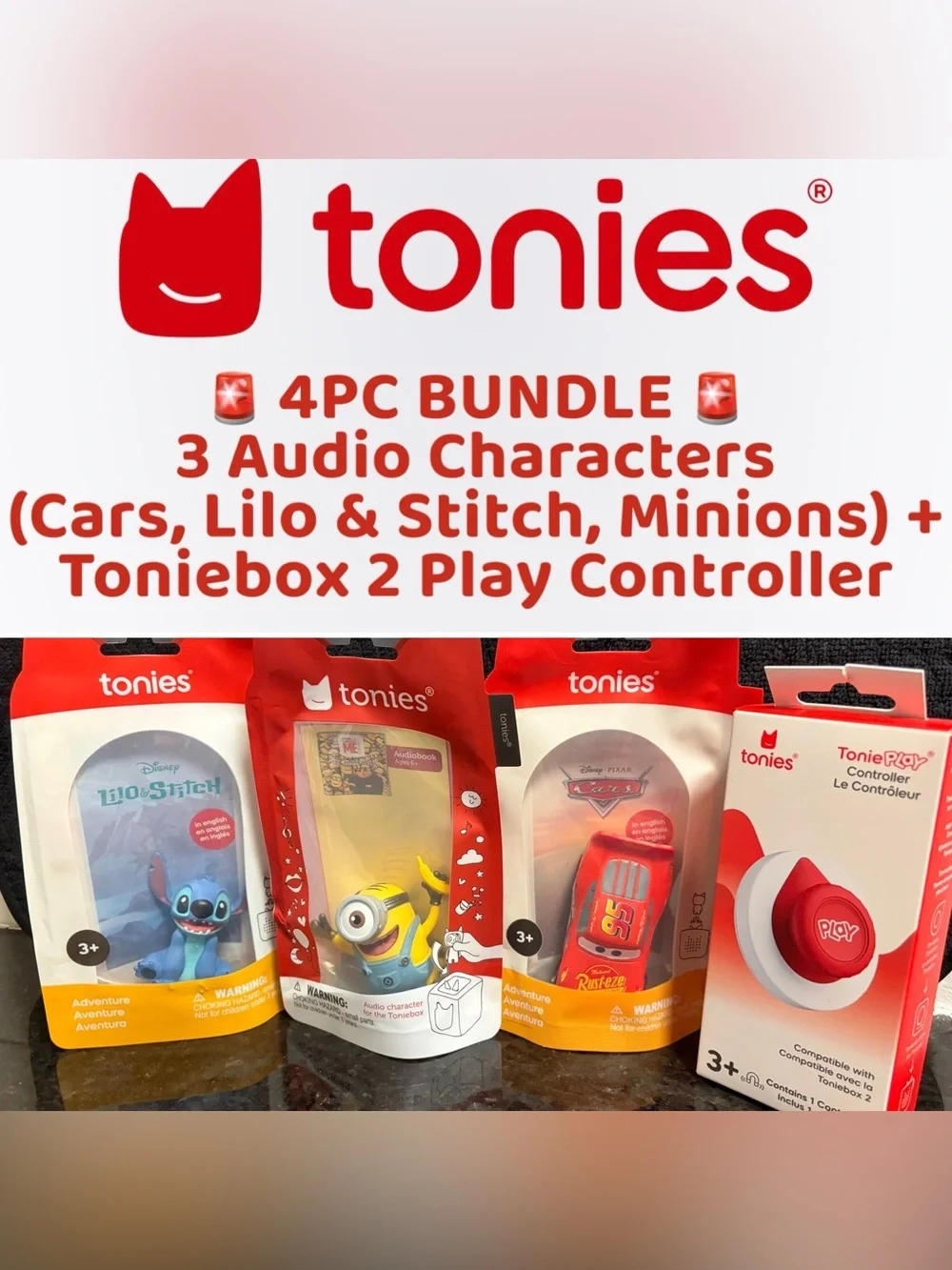 Tonies Bundle - 3 Audio Characters (Cars, Lilo & Stitch, Minions) + Controller